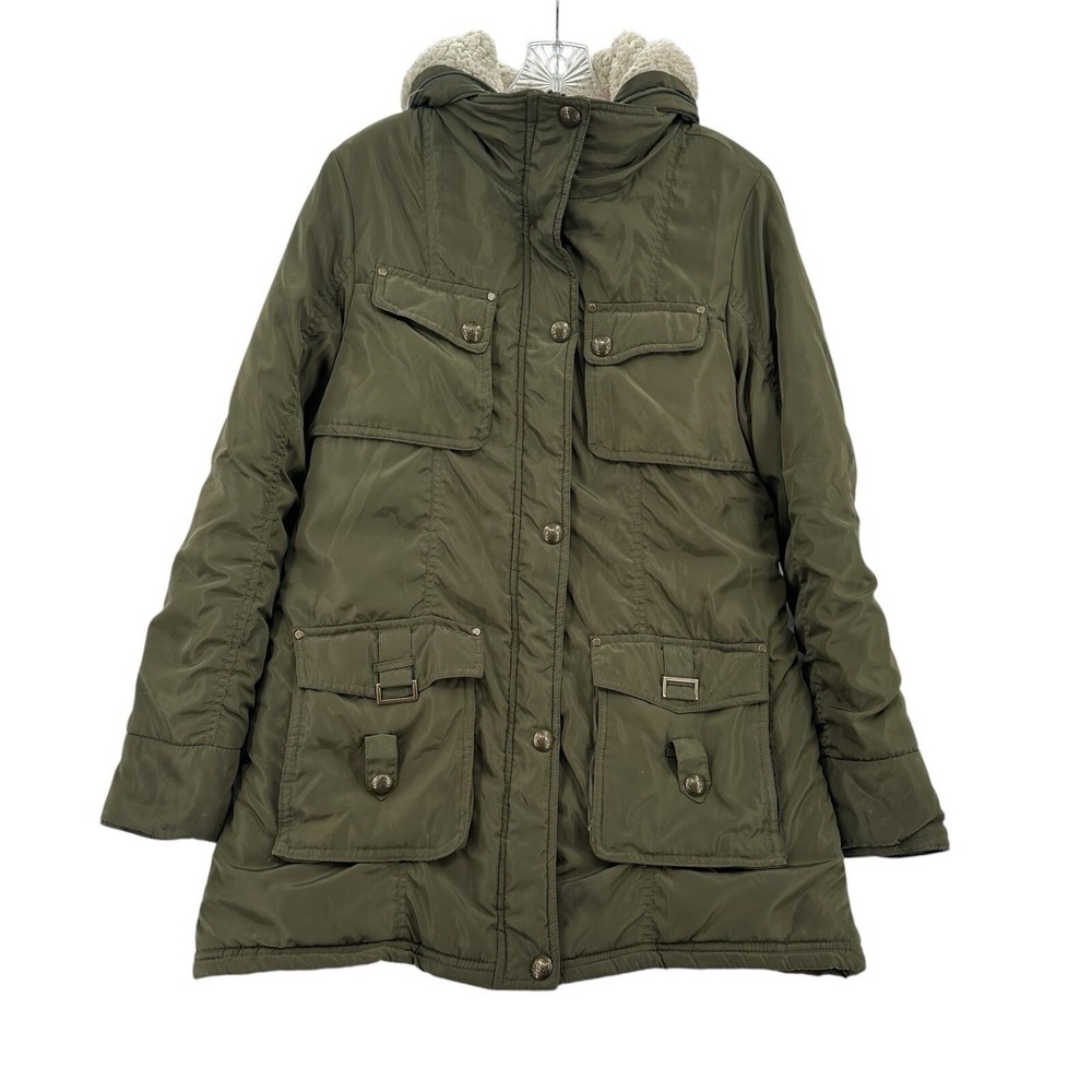 Triple Star Womens Size L Olive Green Utility Parka Hooded Jacket Orange Lining